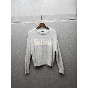 Nikka K Womens Believe Sweater M Light Gray Fuzzy Acrylic Nylon Blend